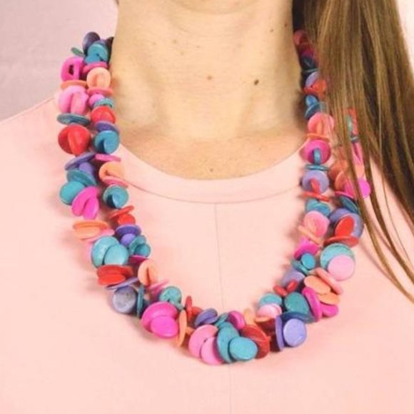 colourful rainbow vintage double strand wood beaded necklace - Picture 2 of 6